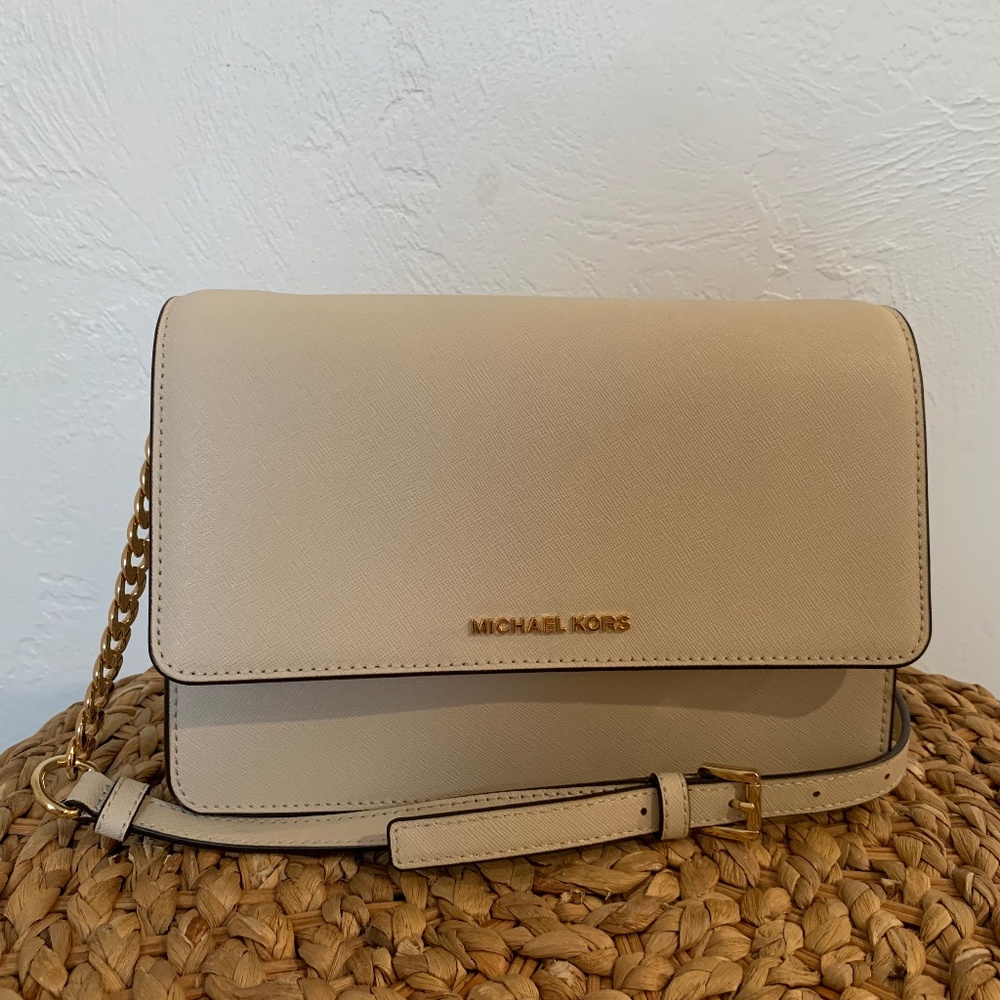 Michael Kors Leather Crossbody Flap Closure Cream/Gold Accents